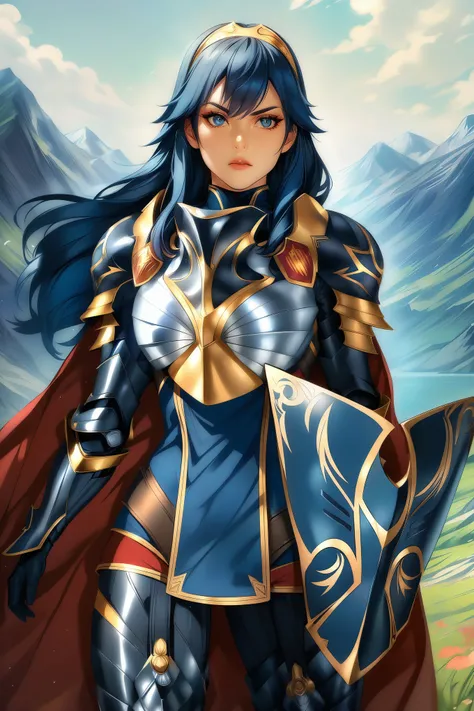 masterpiece, best quality, solo, 1girl, anime coloring, brvLucy, tiara, cape, breastplate, full armor, gauntlets, armored legwear, shield, serious, mountains, sky
