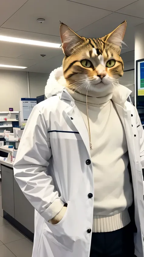 A cat wearing a white coat as a receptionist at a pharmacy、cat with bad eyes、garfield the cat, human cat hybrid, anthropomorphic cat, furry cat, fluffy body, amazing cat, Mugger, furry body