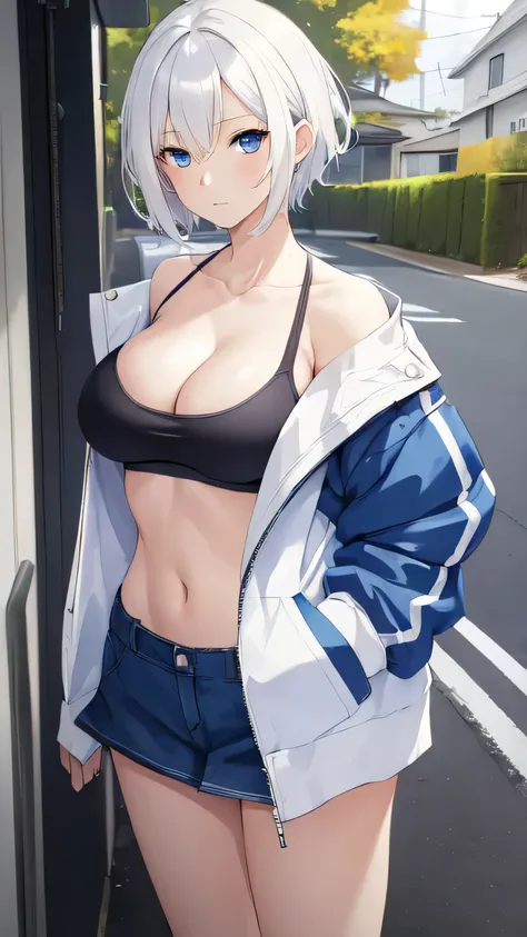 (((masterpiece))), ShizukaMikazuki, 1girl, solo, looking at viewer, short hair, white hair,blue eyes, long sleeves, cleavage, bigger breasts, closed mouth, collarbone, jacket, open clothes, open jacket, blue jacket, ground vehicle, sports bra, tall girl, h...