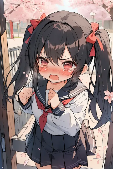 (( masterpiece, highest quality))), (girl)、NSFW(Loli、10 years old、cute、、black hair、twin tails、(school uniform、stockings)angry look、Are crying、anger、((close)), ((flushed)),,,Sweat、Hotel、lamp lighting、perfect composition、close、cherry blossoms、school gate