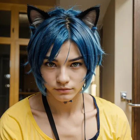 A cat boy anime with blue hair and yellow eyes