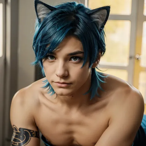 A cat boy anime with blue hair and yellow eyes