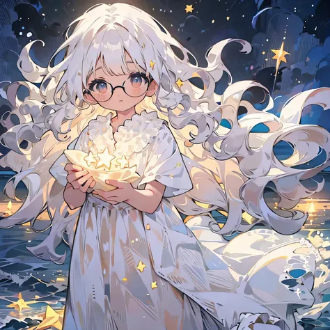 Long hair, white hair, curly hair, calm face with glasses, white long dress with lace, ocean of falling stars, white full moon floating in the sea, magical atmosphere, a beautiful girl, high resolution 