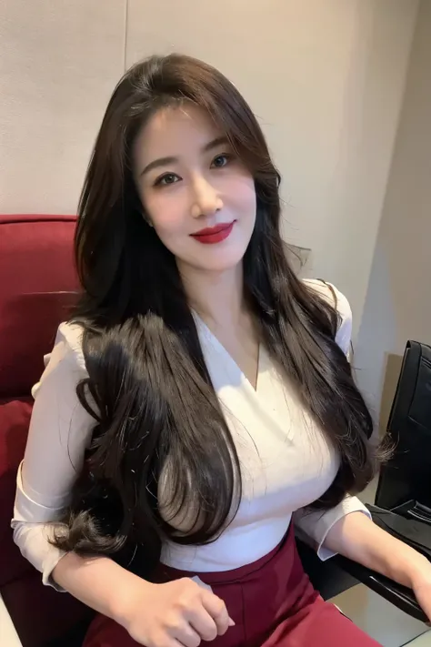 ((top quality、8k、masterpiece:1.3))、sharp focus, High level of image quality, high resolution，shirt，business attire，37-year-old woman with long wavy hair，Mature，charming smile，Draw lips correctly, red lipstick，stand，Chubby body，Big breasts，office interior b...