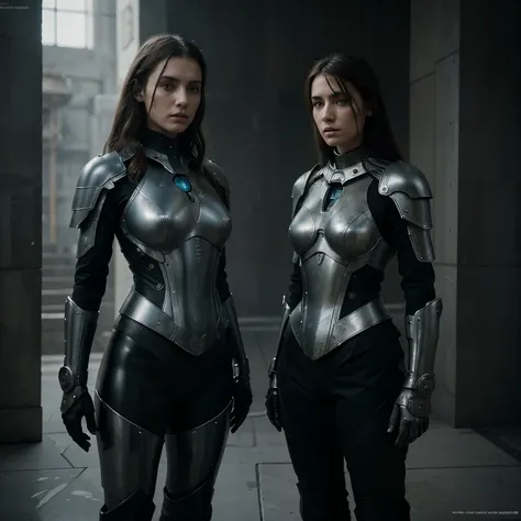 there are two women in armor standing next to each other, highly detailed surreal vfx, inspired by Peter Lindbergh, desaturated and muted colors, inspired by Nikola Avramov, clockpunk, detailed and beautiful faces, by Steven James Petruccio, prometheus (20...