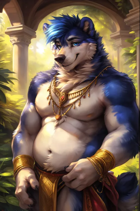 (author：Hioshiro and Kenket and Dimwitdog, Michael &amp; Inessa Garmash, ruanjia, pino daeni, Chunie), Solo, anthro, Male, (white bear), ((intricate detail fluffy fur texture)), Blue mane, pinup, (Blue eyes) , Blue thick eyebrows，chest tuft, ((wears)), dig...