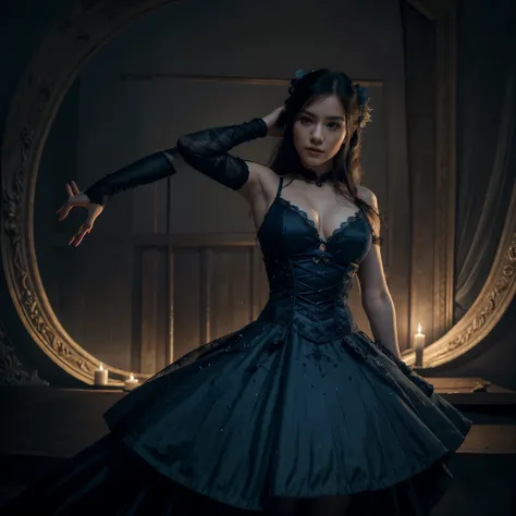 In the darkness of the night, under the soft light of the stars, a japan girl in a gothic dress begins her dance, embodying the music of the night in the movements of her body. (best quality,4k,8k,highres,masterpiece:1.2),ultra-detailed,(realistic,photorea...