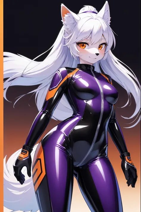 (Masterpiece, Best Quality, Highres:1.4), Detailed, Intricate Details, 4K, 1girl, (beautiful anthro wolf girl, purple fur), white ponytail, orange eyes, latex bodysuit racing suit sporty, simple background, best quality