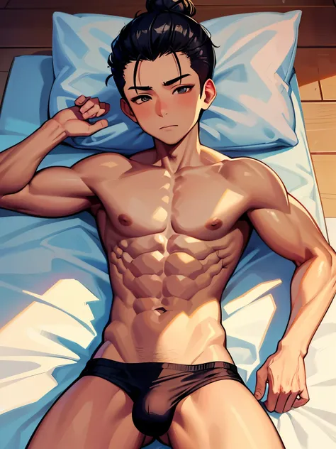 14 years old cute Asian boy, eight-pack abs teen, bodybuilder, muscle boy sleeping, towel covering penis bed, unique bun hair slicked back 