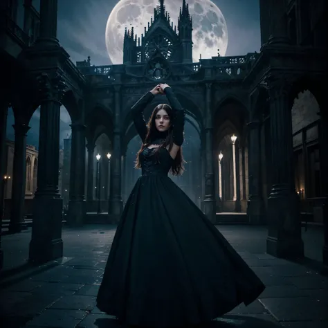 
**style:**

* Gothic, gloomy, Fantasy, symbolic.

**Elements:**

* a girl in a long dark dress dances under the full moon.
* Crows circle around her, creating an ominous atmosphere.
* In the background is a Gothic cathedral with stained glass windows, fro...