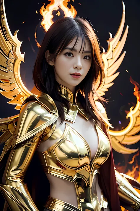 a close up of a woman with a fire and flames on her body, with fiery golden wings of flame, with fiery golden wings,  concept ar...