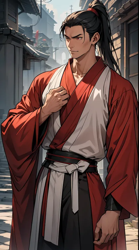 two-dimensional，anime style，one person（male warrior），Correct proportions，facial details，swordsman，High ponytail hairstyle，neck details，There is an Adam&#39;apple，red robe，joke，red robe，clothing details，transfer，long sleeve，Game quality，fencing，Ray tracing，...