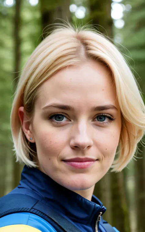 (((hd close up photo))), one standing Anne-Marie Alto as space cadet looking at camera, 25 years old, blonde, in forest