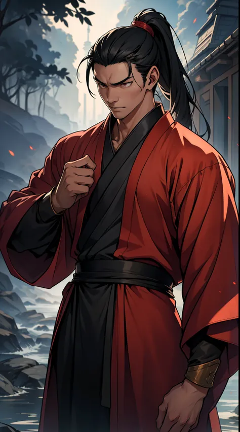 two-dimensional，anime style，one person（male warrior），Correct proportions，facial details，swordsman，High ponytail hairstyle，neck details，There is an Adam&#39;apple，red robe，joke，red robe，clothing details，transfer，long sleeve，Game quality，fencing，Ray tracing，...