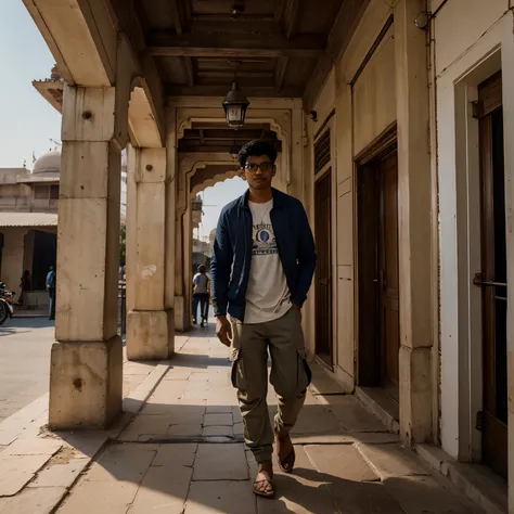 Raw picture of a nerdy Indian Travel blogger boy, 25 years old, Jaipur heritage walk, f2.8 85mm, dramatic lights, hyper realism, wide frame, afternoon vibes, cargo pants, travel outfit