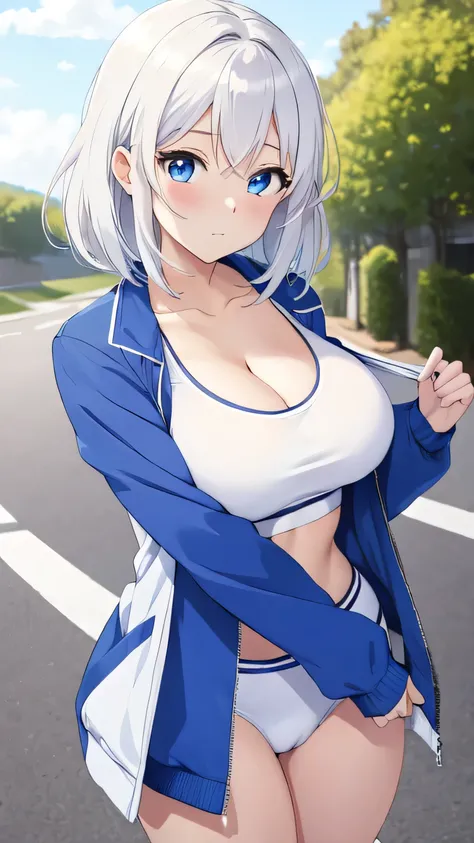 (((masterpiece))),fuyumi itadori, Anime girl characters, 1girl, solo, looking at viewer, medium hair, white hair,blue eyes, long sleeves, cleavage, bigger breasts, closed mouth, collarbone, jacket, open clothes, open jacket, blue jacket, ground vehicle, sp...