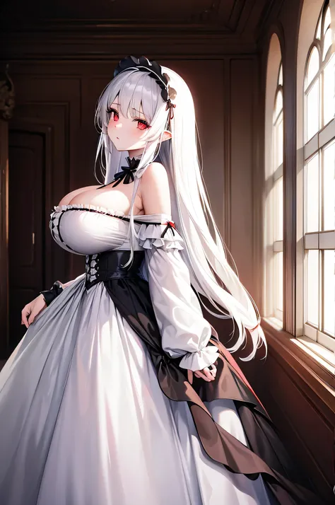 gothic lolita, white hair, long hair, red eyes, huge breast, no expression, off shoulder, head dress, cowboy shot, standing, bed room, from side, from behind,