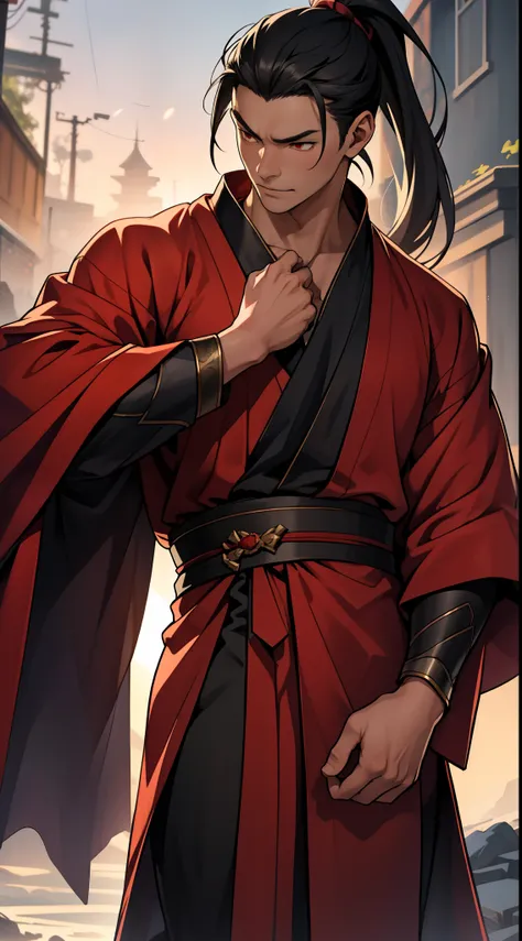 two-dimensional，anime style，one person（male warrior），Correct proportions，facial details，swordsman，High ponytail hairstyle，neck details，There is an Adam&#39;apple，red robe，joke，red robe，clothing details，transfer，long sleeve，Game quality，fencing，Ray tracing，...