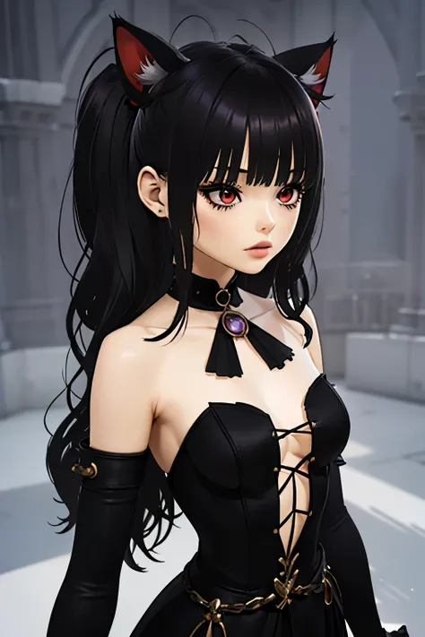 ,((long hair slightly wavy slightly past the shoulders, black bangs, small black pigtails on the sides, cute cat ears, beautiful...