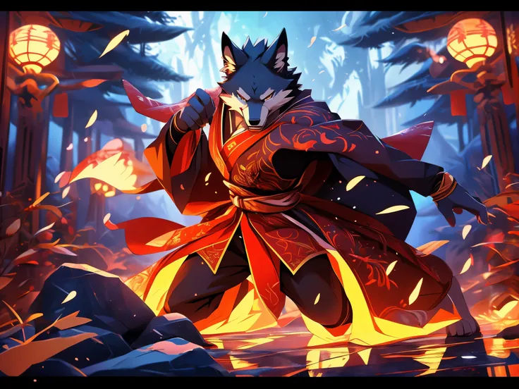 furry, male, anthro, (Wolf Tail), Solo, (Realistic eye details:1.2), (beautiful detailed eyes), anime character there is a Wolf man with samurai outfit in forest, sakura tree, onmyoji detailed art, onmyoji, anthropomorphic ninja, epic warrrior, style of du...