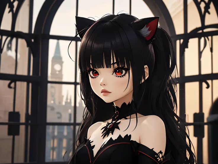 ,((long hair slightly wavy slightly past the shoulders, black bangs, small black pigtails on the sides, cute cat ears, beautiful...