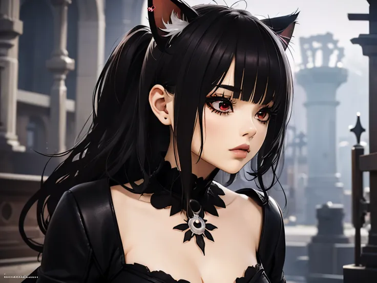 ,((long hair slightly wavy slightly past the shoulders, black bangs, small black pigtails on the sides, cute cat ears, beautiful...