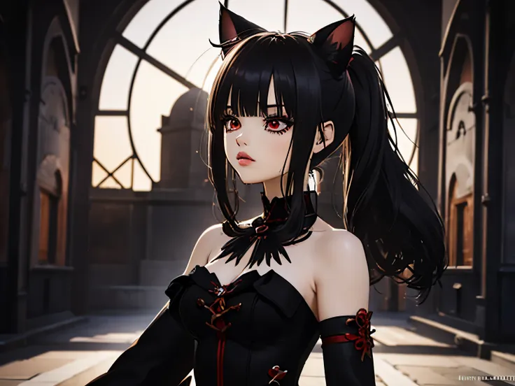 ,((long hair slightly wavy slightly past the shoulders, black bangs, small black pigtails on the sides, cute cat ears, beautiful...