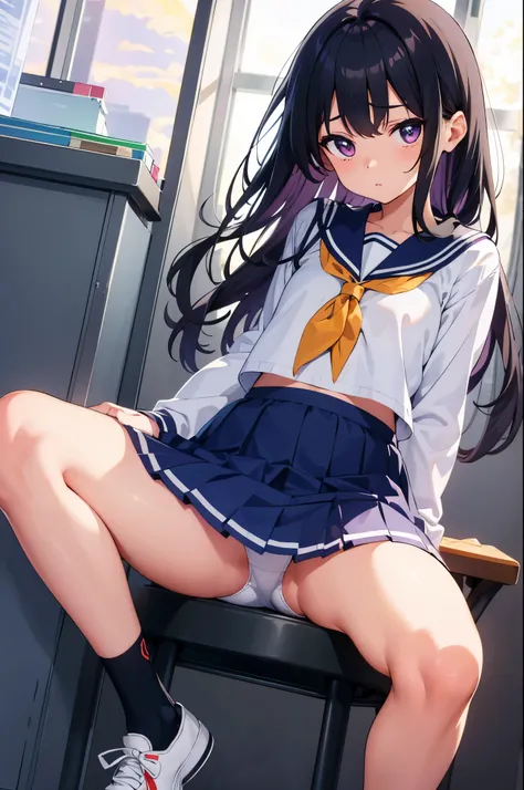 Evening school classroom　Sunset shines through the window　sunset　Backlight　elementary school girl　8-year-old　flat chest　black hair　long hair　eyes are purple　embarrassed look　（（1 person））　Upper half length sleeve white sailor uniform　Lower body navy blue mi...