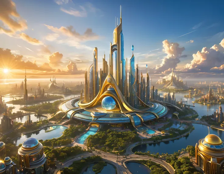 (golden hour lighting), megacity, megalopolis of an imaginary world of science fiction , parecido a una disneylandia futurista, ...