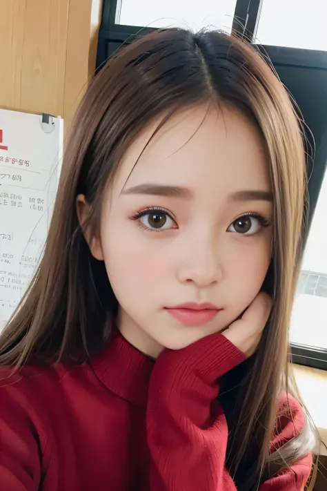 random pose、highest quality、超A high resolution、(Photoreal:1.5)、1 girl、red sweater、(brown hair:1.2)、(huge breasts:1.2)、classroom、looking at the viewer、Close-up、Full body Esbian、Spiteful eyes