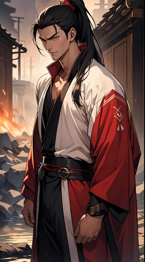 two-dimensional，anime style，one person（male warrior），Correct proportions，facial details，swordsman，High ponytail hairstyle，neck details，There is an Adam&#39;apple，red robe，joke，red robe，clothing details，long sleeve，Game quality，fencing，Ray tracing，Ray traci...