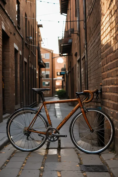 Utilizing a high-resolution mirrorless camera equipped with a prime lens, meticulously compose a hyper-realistic image of a rusted bicycle leaning against a crumbling brick wall in a narrow alleyway during the golden hour. Leverage the lenss wide aperture ...