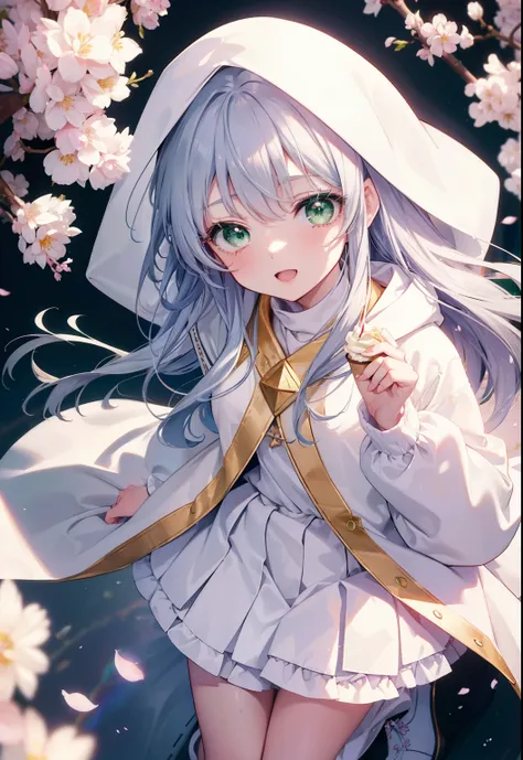 index, index, (green eyes:1.5), silver hair, long hair, (flat chest:1.2),happy smile, smile, open your mouth,white long hoodie,h...