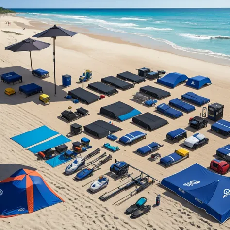 Equipment lined up on the beach