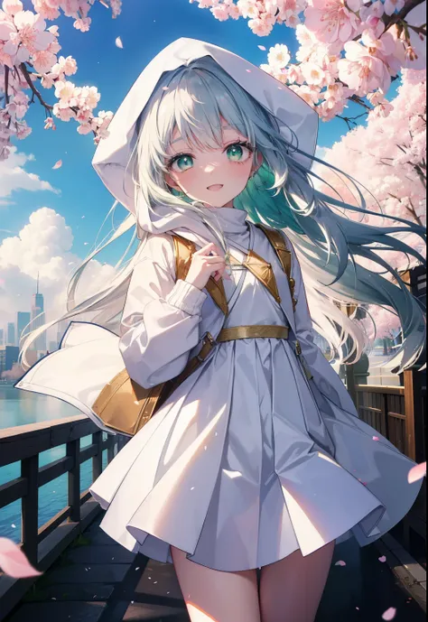 index, index, (green eyes:1.5), silver hair, long hair, (flat chest:1.2),happy smile, smile, open your mouth,white long hoodie,h...