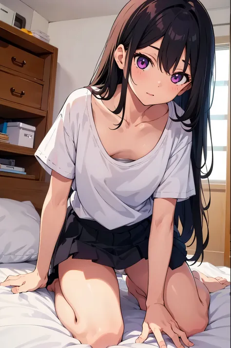 girl&#39;s room　elementary school girl　8-year-old　flat chest　black hair　long hair　eyes are purple　（（1 person））　Baggy white T-shirt on the upper body　lower body white panties（（White panties are visible））　barefoot　on the bed　I can see white panties　dynamic a...