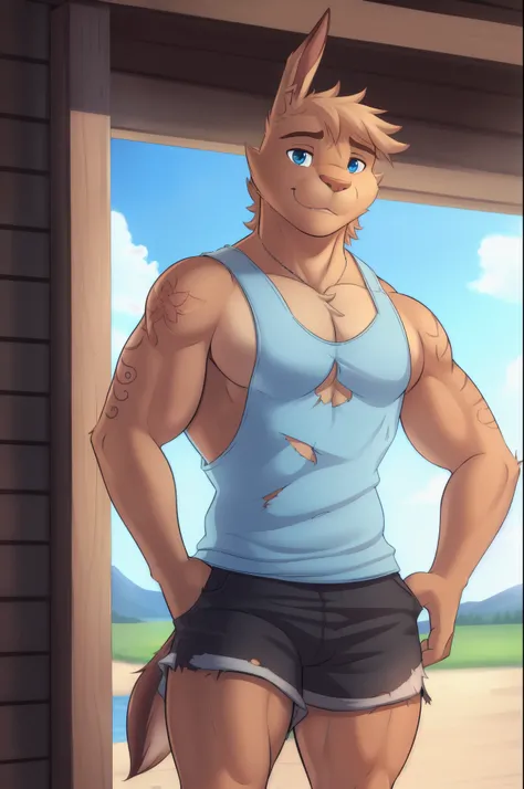 sissel, solo, (soft shading), 4k, hi res, detailed face, detailed eyes, detailed, (full body), by zackarry911, by zaush, (by personalami:0.5), zootopia style, muscular, muscular male, bara, blue eyes, torn clothes, tank top, shorts