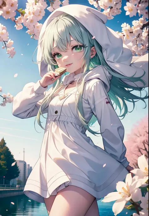 index, index, (green eyes:1.5), silver hair, long hair, (flat chest:1.2),happy smile, smile, open your mouth,white long hoodie,h...