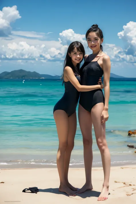 (best quality,4k,8k,highres,masterpiece:1.2),ultra-detailed,(realistic,photorealistic,photo-realistic:1.37),（2 beautiful 17-year-old girls wearing diving suit:1.5), (the diving suits are designed futuristic and hyper detailed:1.5), (A full-body wetsuits th...