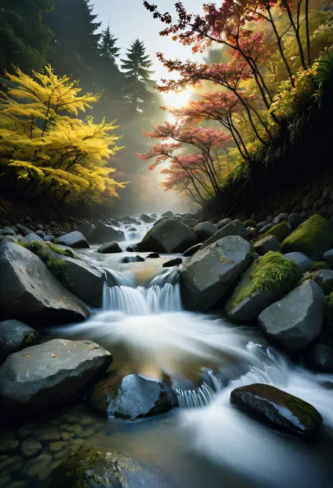 landscape photography, long exposure, Fall, Takayama, running water, flowers, National Geographic Photos, nathan wirth, Realism, Verism, cinematic lighting, backlighting, wide shot, from below, Wide-Angle, f/1.8, 35mm, Nikon, UHD, masterpiece, anatomically...