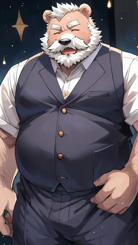 《maze rice》anime style，chubby, hairy,male , human bear, Very plump, middle aged  , mouth covering mustache,thick beard, Tempting  , detailed , housekeeper , tight vest, very sexy, eyes closed, Pass a hundred ,through dark gems, author：flash trap boy