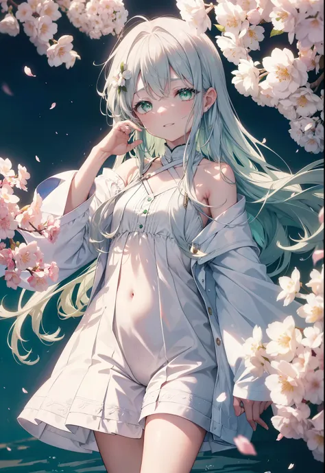 index, index, (green eyes:1.5), silver hair, long hair, (flat chest:1.2),happy smile, smile, open your mouth,white long hoodie,s...