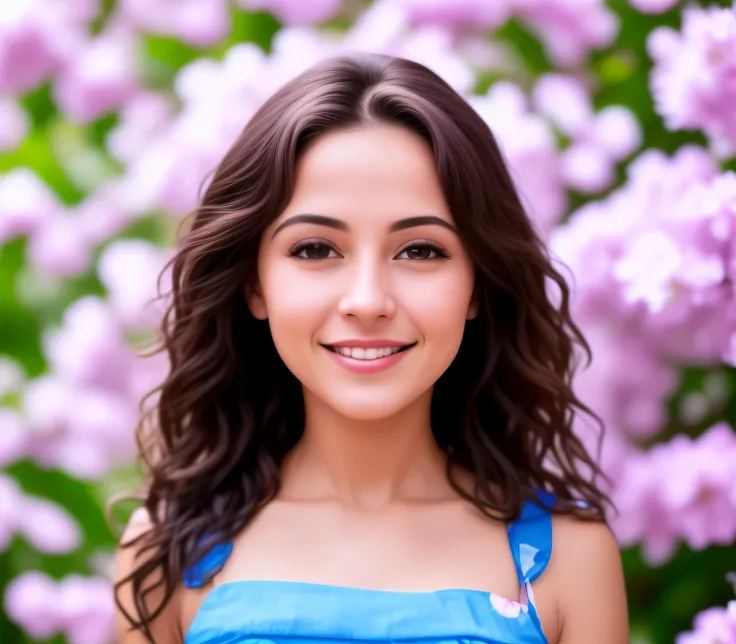 smiling woman in blue dress in front of a flowering tree, mulher atraente de cabelo castanho, linda e sorridente, mulher fofa, linda mulher, mulher em flores, Imagem bonita, beautiful lady, garota linda, arte oficial, beleza maravilhosa, photo of a linda m...