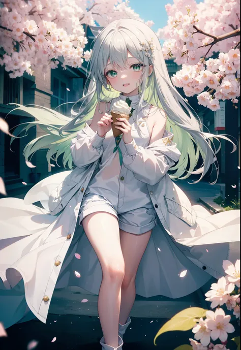 index, index, (green eyes:1.5), silver hair, long hair, (flat chest:1.2),happy smile, smile, open your mouth,white long hoodie,s...