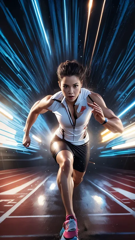 a close up of a women running on a track with a light trail behind her, sprinting, athlete photography, hyperspeed, tracers, athletic body, cover shot, dynamic active running pose, high-speed sports photography, sports photography, by Edwin Georgi, light s...