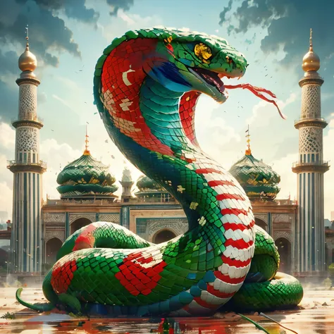 a close up of a snake with a flag on its back, snake art, highly detailed snakes, giant snake castle, snake is surrounding them, serpent, an amalgamation of a snake, giant snake, queen of snakes, contest winning masterpiece, naga-hakash, big snake, snake a...