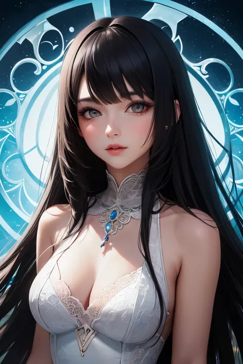 ((best quality)), ((masterpiece)), (detailed), woman in black dress, dark long hair, glowing yellow eyes, detailled eyes, magic circles around her, perfect eyes, 