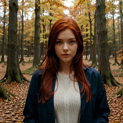 Girl in the forest red hair blue eyes model appearance autumn landscape