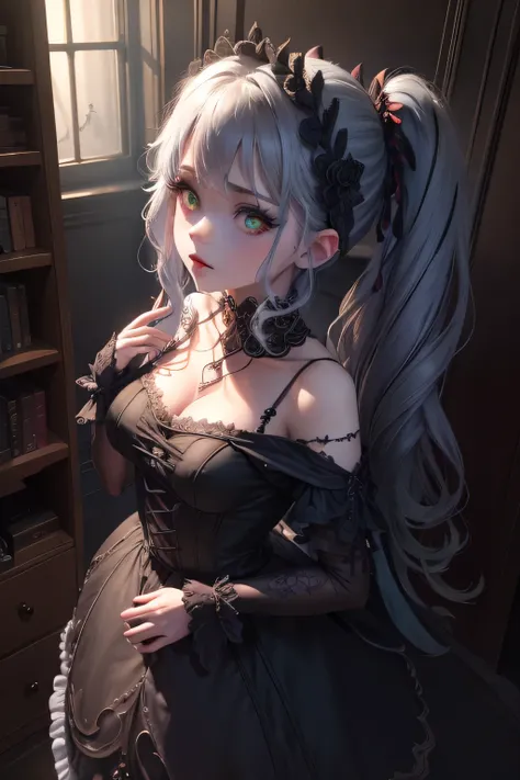 (a maid:1.1),dark,gothic (style:1.2),gloomy atmosphere,eerie shadows,aged mansion,ornate architecture,creepy dolls,sinister beauty,lingering mist,mysterious mirror,dim candlelight,hauntingly beautiful,elaborate details,dark rose garden,inky black dress,hau...