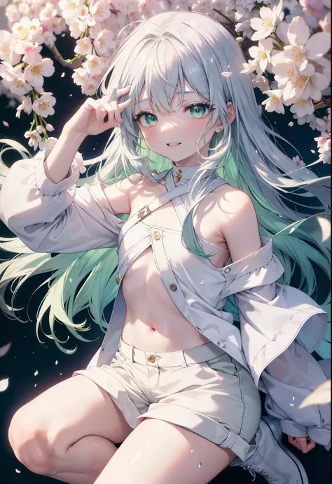 index, index, (green eyes:1.5), silver hair, long hair, (flat chest:1.2),happy smile, smile, open your mouth,white long hoodie,s...